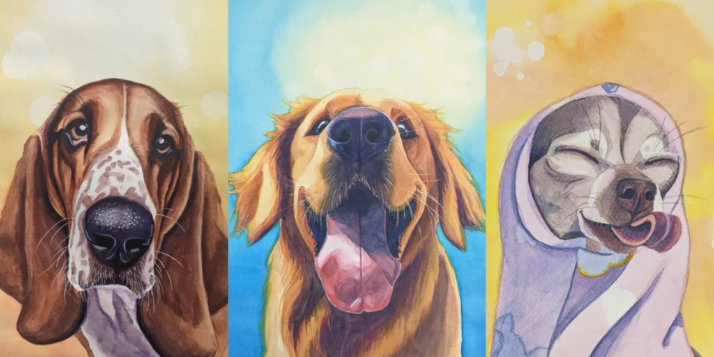 Watercolour portraits of a basset hound, a golden retriever and a husky wrapped in a purple blanket against colourful backgrounds