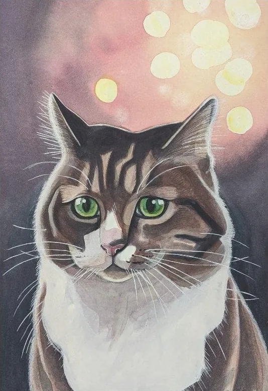 Green-eyed tabby cat with a white chest on a pink-and-purple background.