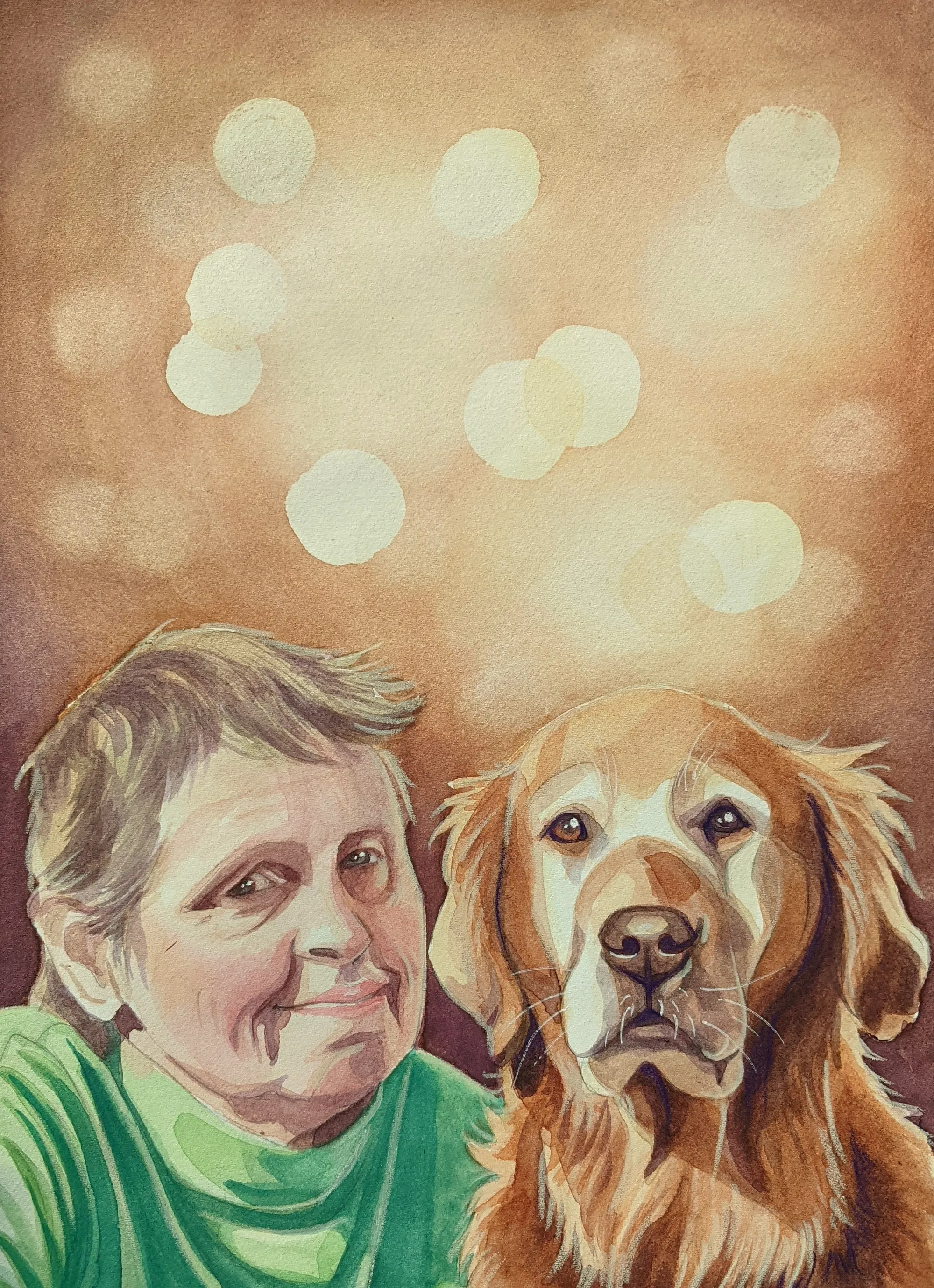 Person wearing green beside a golden retriever on a brown background.